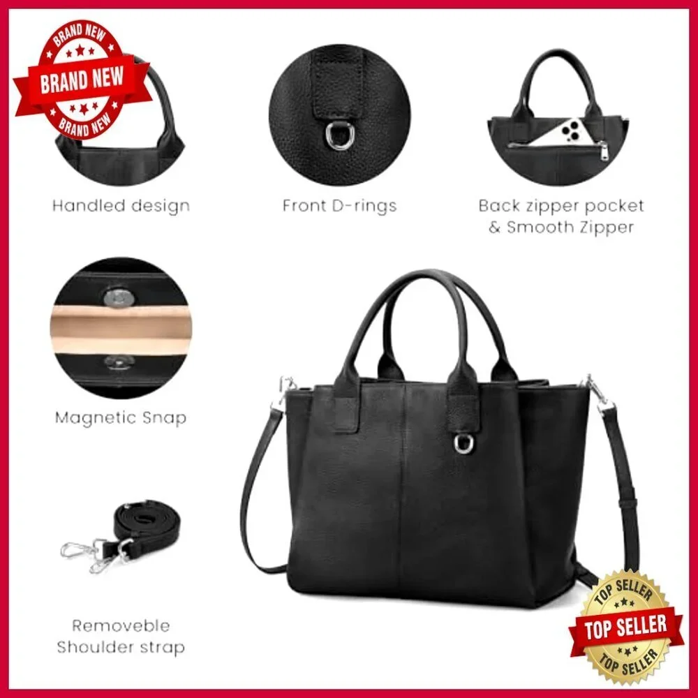 Genuine Leather Satchel Tote with Triple Pockets, Adjustable Crossbody Strap